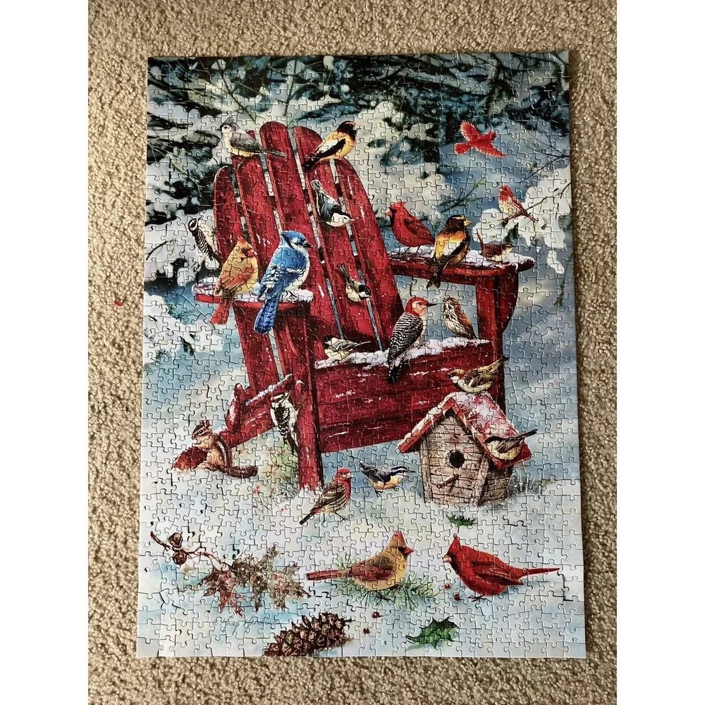 Cobble Hill New Sealed 1000 Piece Jigsaw Puzzle Adirondack Birds Red Chair Snow
